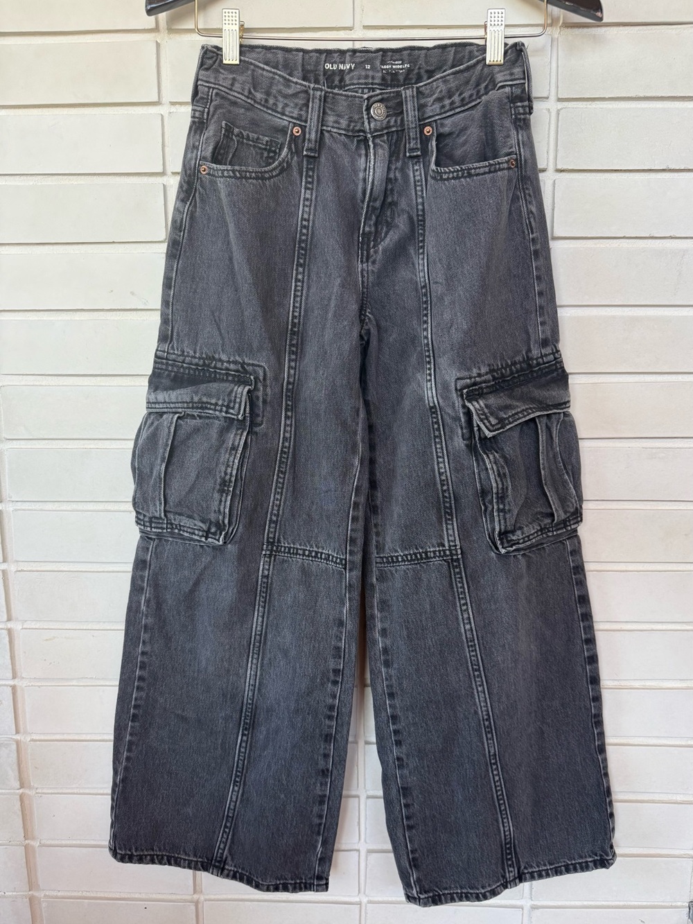 Old Navy Baggy Wide Leg Cargo Jeans * 💯 Cotton * Girls Size 12 * Black Wash